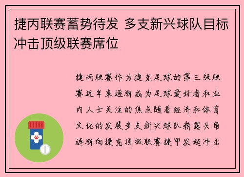 捷丙联赛蓄势待发 多支新兴球队目标冲击顶级联赛席位