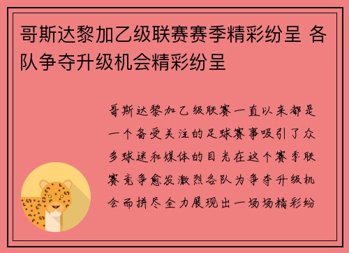 哥斯达黎加乙级联赛赛季精彩纷呈 各队争夺升级机会精彩纷呈
