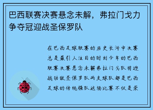 巴西联赛决赛悬念未解，弗拉门戈力争夺冠迎战圣保罗队